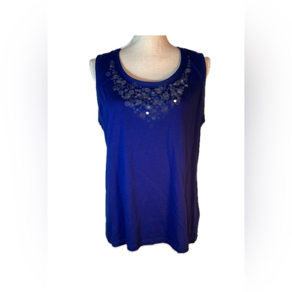 Chico’s Size 3 Royal Blue Sleeveless Top Iridescent Circle Neckline Women 16